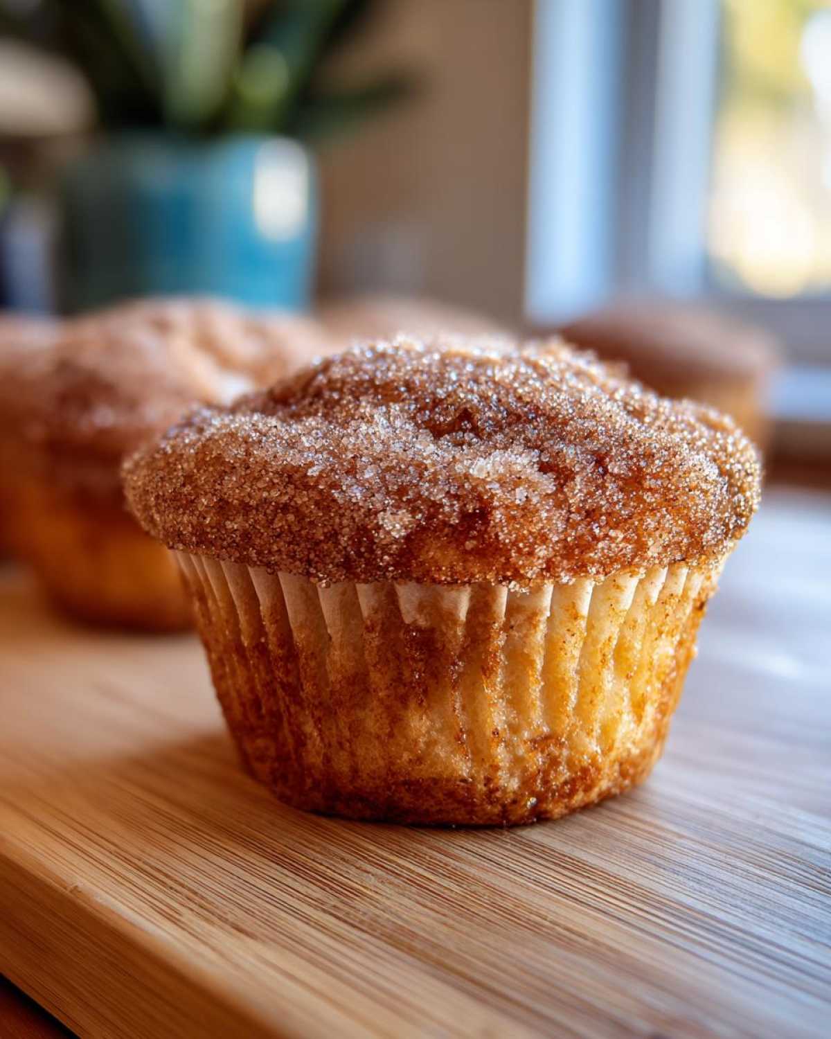 A close-up of a delicious french toast muffins topped with a thick layer of sparkling cinnamon sugar.