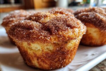 A close-up of a golden brown french toast muffins topped generously with sparkling cinnamon sugar.