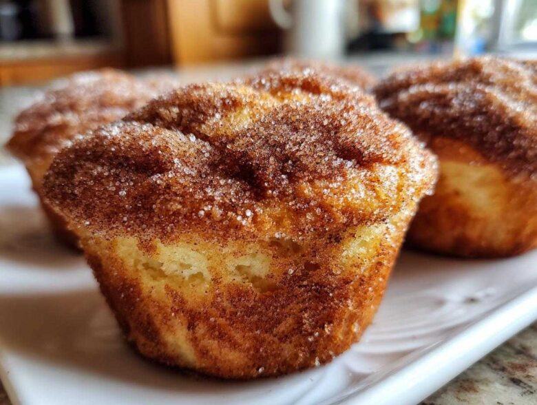 A close-up of a golden brown french toast muffins topped generously with sparkling cinnamon sugar.