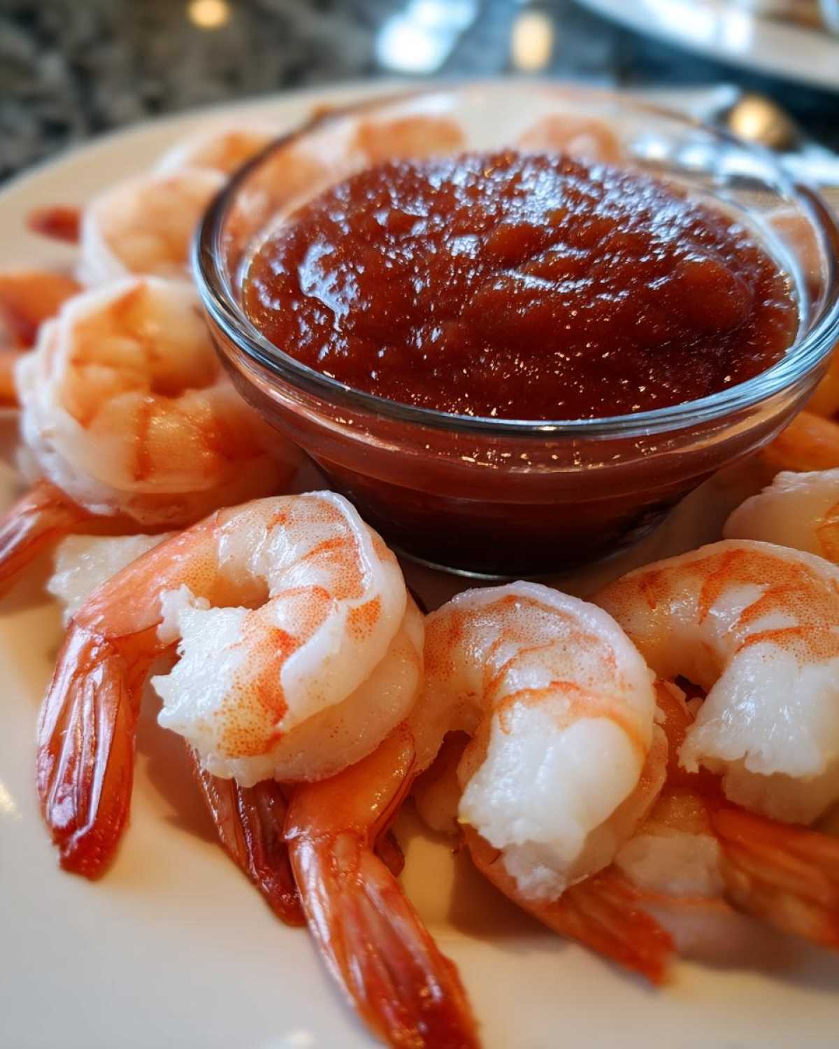 Close-up of cooked, chilled shrimp arranged around a small glass bowl of rich, red shrimp cocktail sauce.