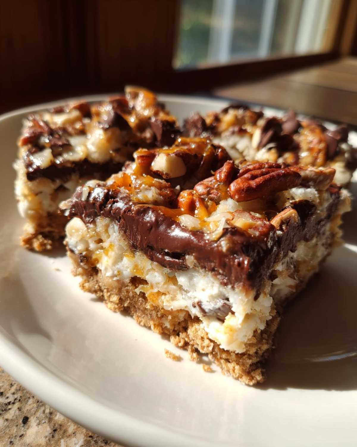 Close-up of delicious magic cookie bars showing graham cracker crust, coconut, chocolate, and pecans.