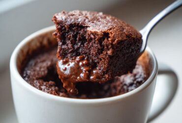 A spoonful of rich, gooey Cottage Cheese Microwave Brownie being lifted from a white mug.