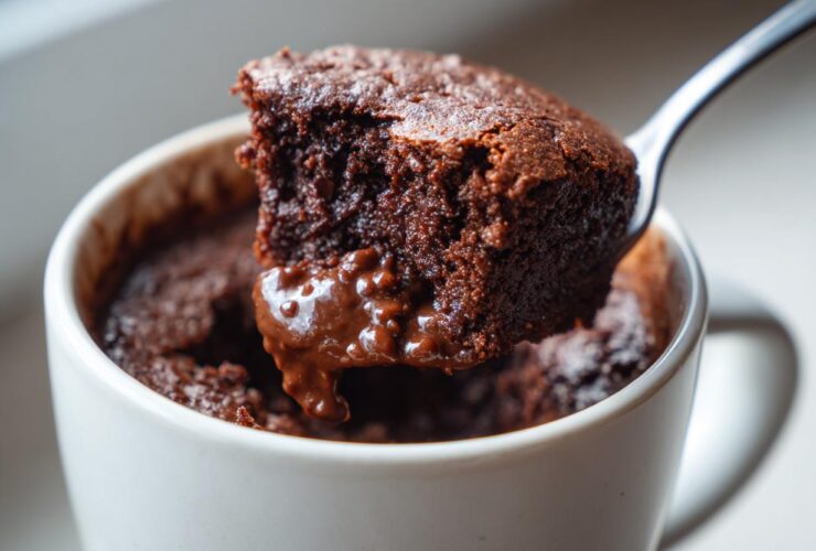 A spoonful of rich, gooey Cottage Cheese Microwave Brownie being lifted from a white mug.