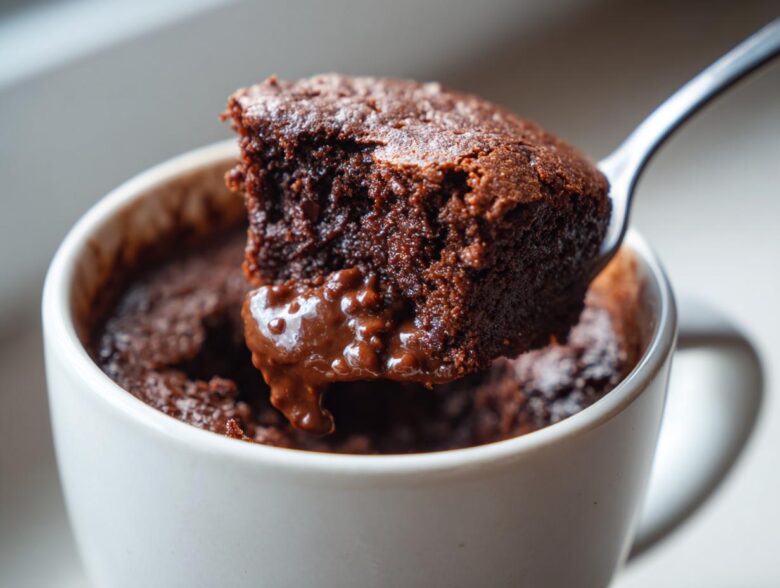 A spoonful of rich, gooey Cottage Cheese Microwave Brownie being lifted from a white mug.