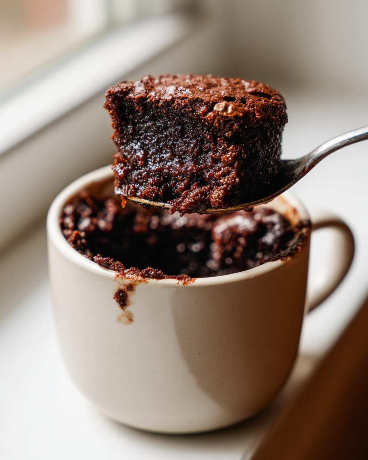 A spoonful of rich, moist Cottage Cheese Microwave Brownie being lifted from a light-colored mug.