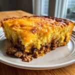 A thick slice of cowboy cornbread casserole showing a layer of seasoned ground beef and beans beneath a golden, cheesy cornbread topping.