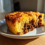 A thick slice of cowboy cornbread casserole showing a layer of seasoned ground meat filling topped with melted cheddar cheese.