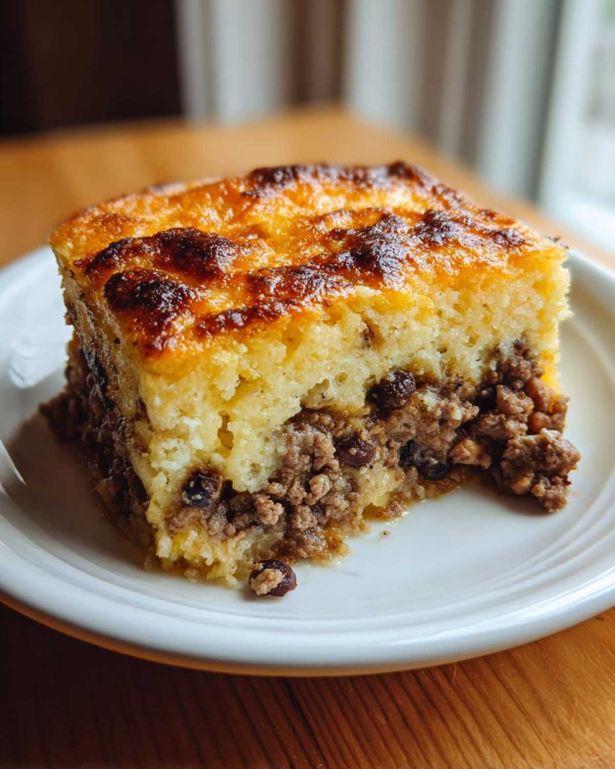 A square slice of cowboy cornbread casserole showing a thick, golden cornbread top layer over a savory ground meat and bean filling.