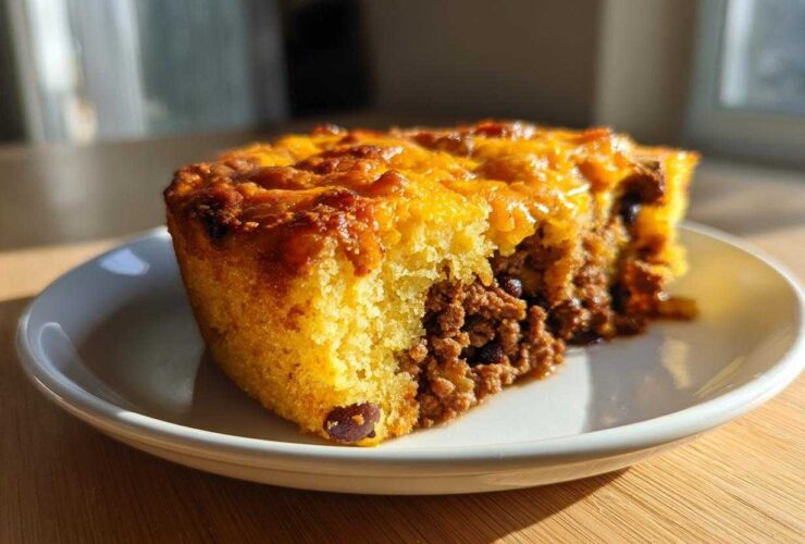 A thick slice of cowboy cornbread casserole showing a layer of seasoned ground meat filling topped with melted cheddar cheese.