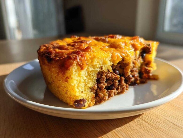A thick slice of cowboy cornbread casserole showing a layer of seasoned ground meat filling topped with melted cheddar cheese.