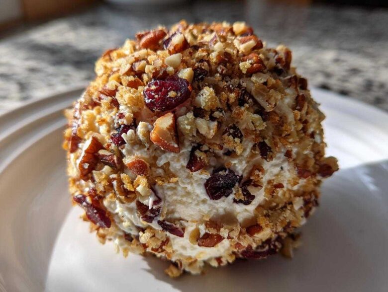 A close-up view of a perfectly formed cranberry pecan cheese ball coated in chopped nuts and dried cranberries.