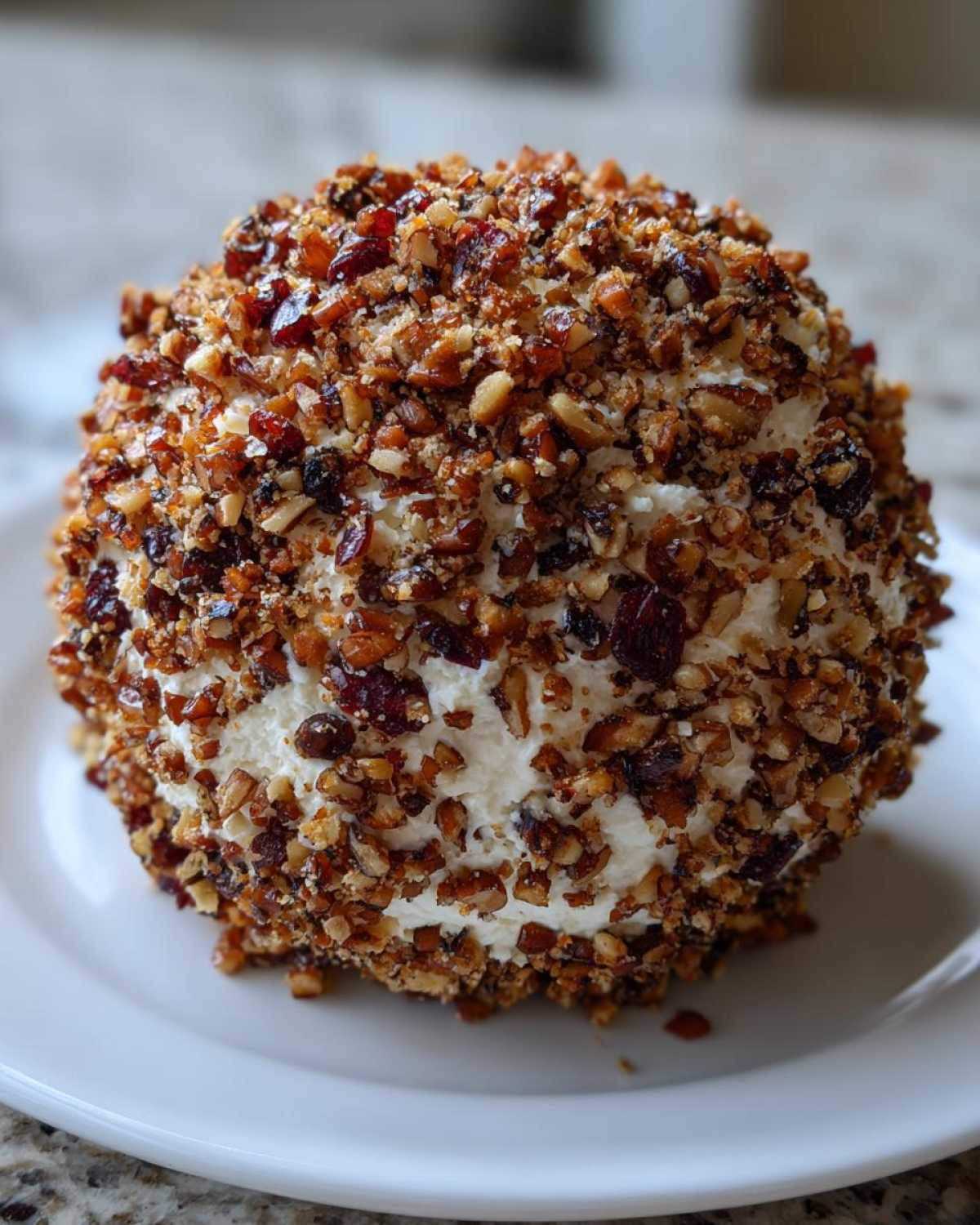 A perfectly shaped cranberry pecan cheese ball coated entirely in chopped nuts and dried cranberries, resting on a white plate.
