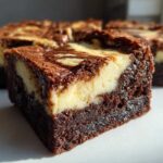A thick, fudgy slice of cream cheese brownies showing a distinct layer of white cream cheese swirl over dark chocolate base.