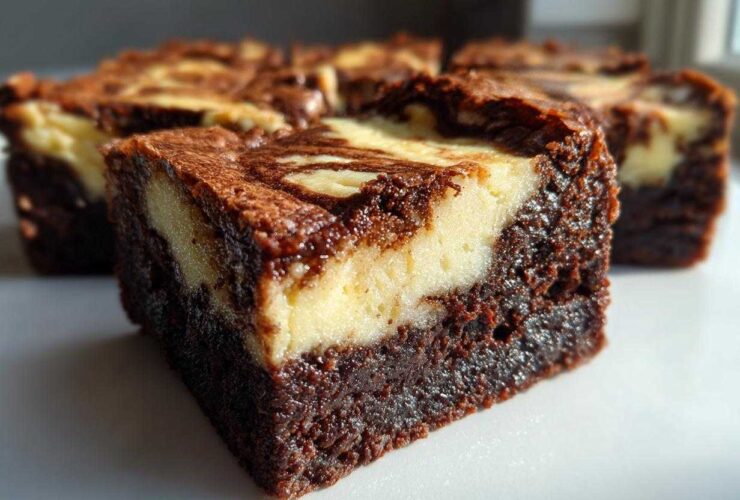 A thick, fudgy slice of cream cheese brownies showing a distinct layer of white cream cheese swirl over dark chocolate base.