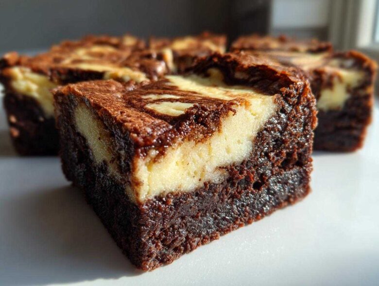 A thick, fudgy slice of cream cheese brownies showing a distinct layer of white cream cheese swirl over dark chocolate base.