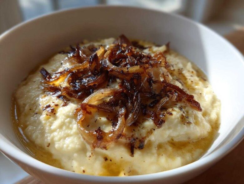 Close-up of creamy caramelized onion dip topped generously with dark, crispy caramelized onions.