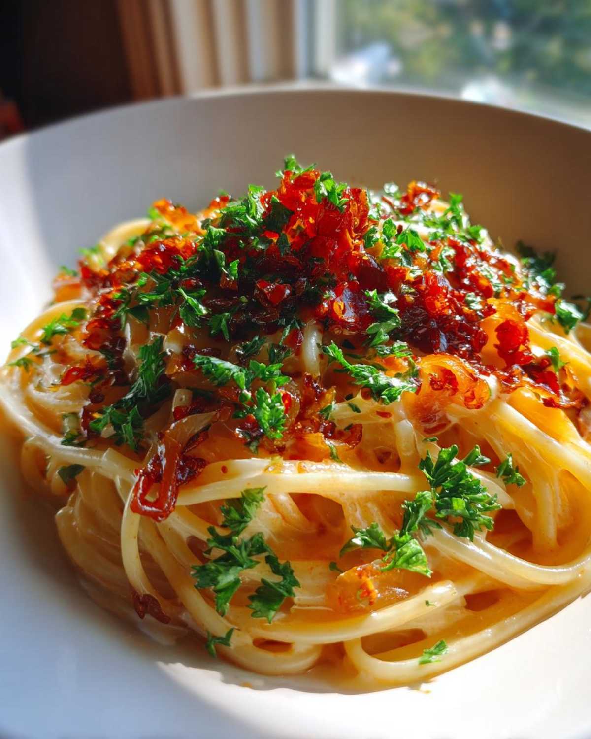 Close-up of creamy caramelized onion pasta topped with crispy onions and fresh parsley.
