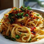Close-up of creamy caramelized onion pasta tossed in sauce and topped with crispy onions and fresh parsley.