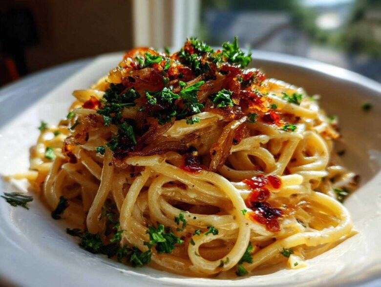 Close-up of creamy caramelized onion pasta tossed in sauce and topped with crispy onions and fresh parsley.