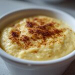 Close-up of a creamy, yellow cauliflower soup served in a white ramekin with a lightly browned, toasted topping.