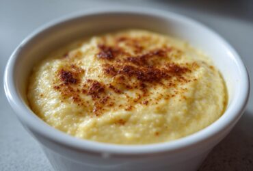 Close-up of a creamy, yellow cauliflower soup served in a white ramekin with a lightly browned, toasted topping.