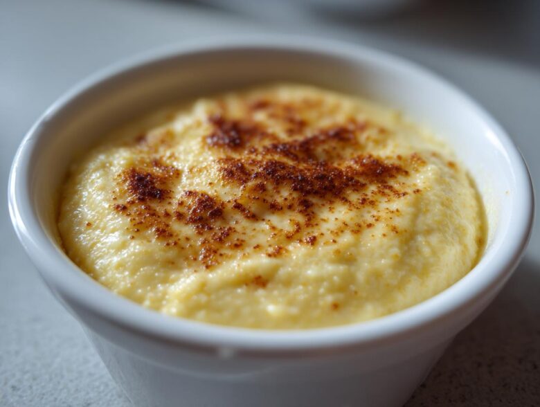 Close-up of a creamy, yellow cauliflower soup served in a white ramekin with a lightly browned, toasted topping.