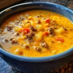 Close-up of a hearty bowl of cheeseburger soup recipe, featuring ground beef, potatoes, and melted cheddar cheese.