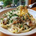 A fork lifting fettuccine noodles coated in creamy sauce from a bowl of chicken alfredo, topped with parsley.
