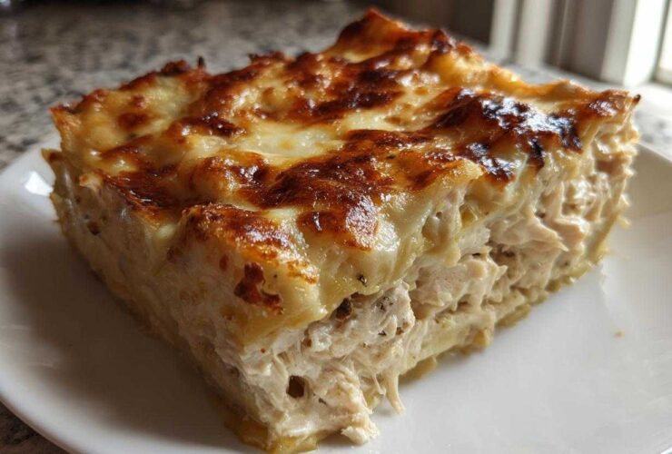 A thick, square slice of creamy chicken lasagna showing shredded chicken filling and a bubbly, browned cheese top.