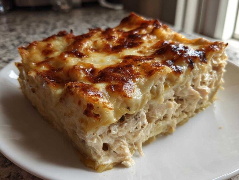 A thick, square slice of creamy chicken lasagna showing shredded chicken filling and a bubbly, browned cheese top.