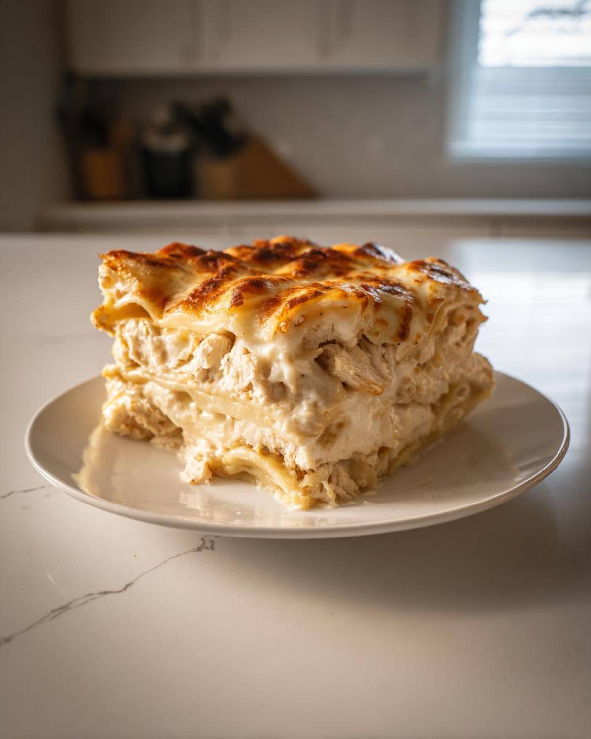 A thick, multi-layered slice of creamy chicken lasagna with a golden-brown, cheesy top served on a white plate.