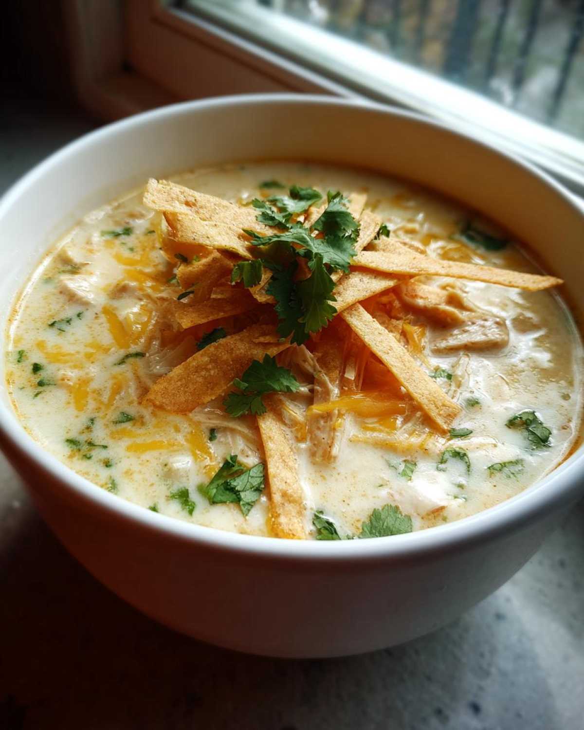 A close-up of a white bowl filled with creamy chicken tortilla soup, topped with shredded cheese, tortilla strips, and cilantro.