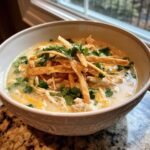 A close-up of a bowl filled with creamy chicken tortilla soup, topped with shredded chicken, cheese, cilantro, and crispy tortilla strips.