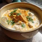 Close-up of a bowl of creamy chicken tortilla soup topped with tortilla strips, shredded cheese, and cilantro.