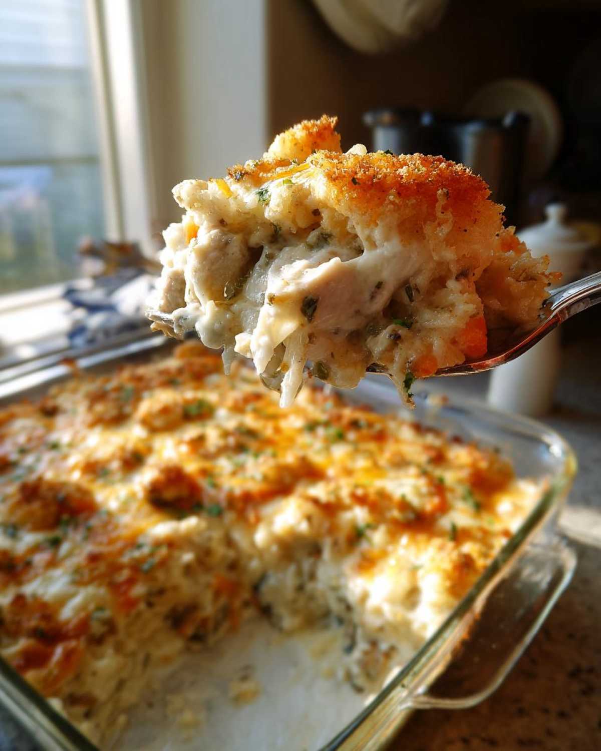 A spoonful of creamy chicken wild rice casserole lifted above the baking dish, showing chunks of chicken and a crispy topping.