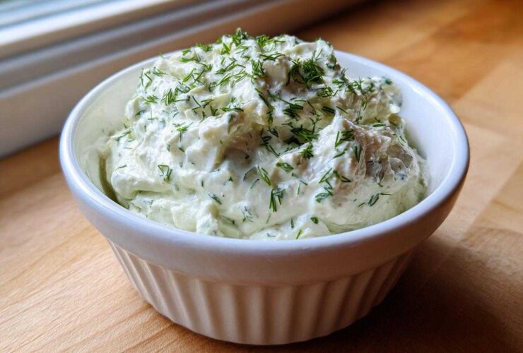 A close-up of creamy dill dip generously topped with fresh chopped dill, served in a white fluted ramekin.