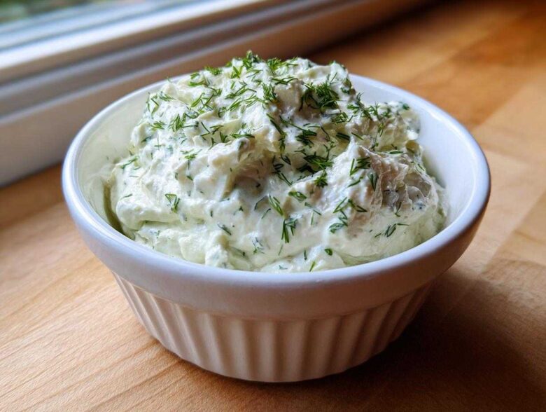 A close-up of creamy dill dip generously topped with fresh chopped dill, served in a white fluted ramekin.