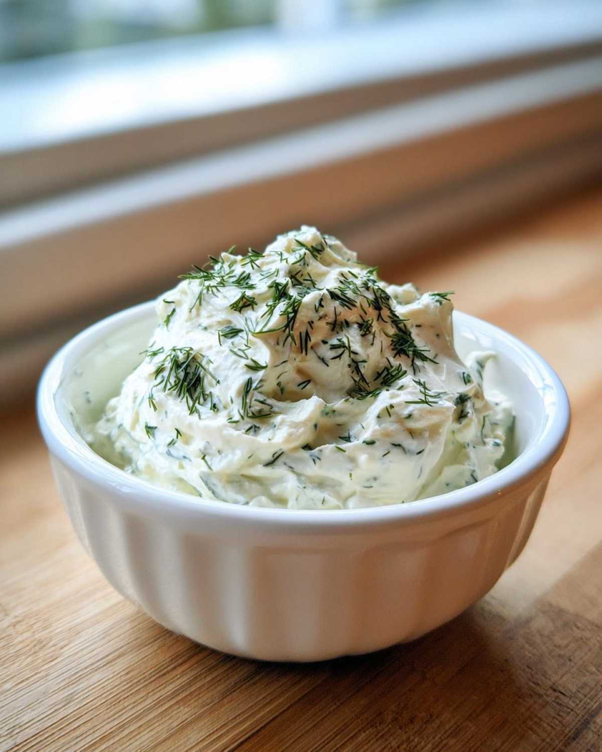 A close-up of creamy dill dip, generously topped with fresh chopped dill, served in a white bowl.