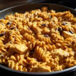 Close-up of creamy enchilada pasta with chicken chunks and black beans in a skillet.