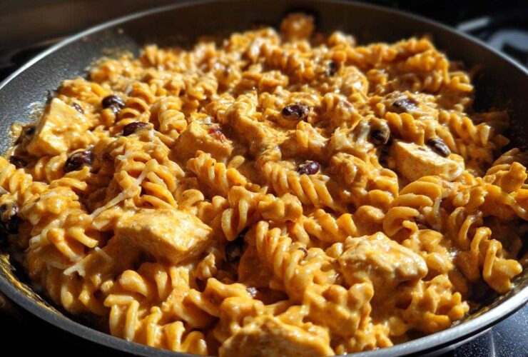 Close-up of creamy enchilada pasta with chicken chunks and black beans in a skillet.