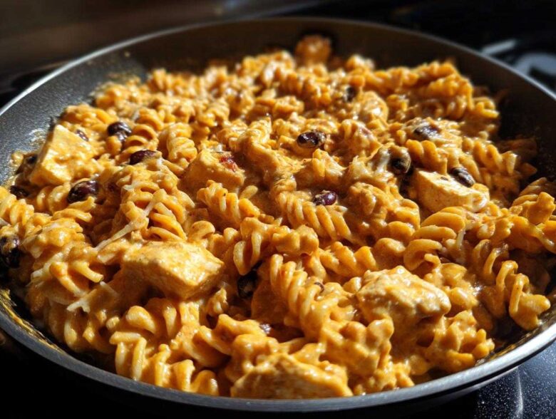 Close-up of creamy enchilada pasta with chicken chunks and black beans in a skillet.