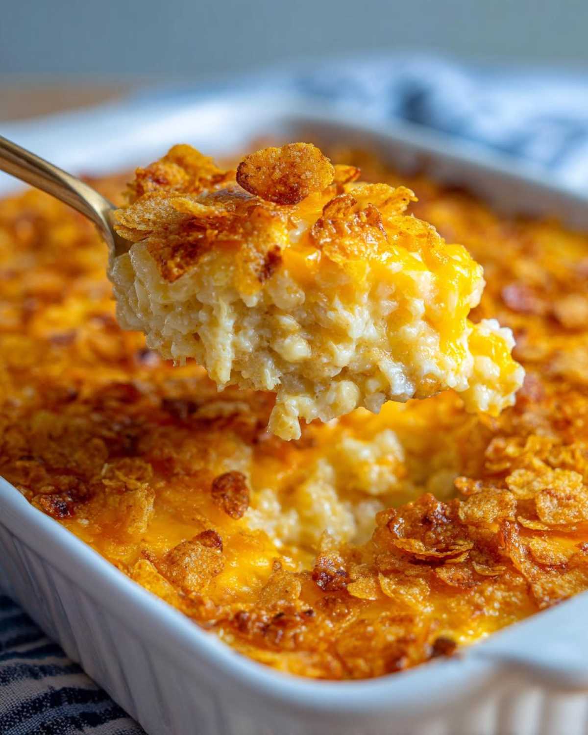 A spoonful of creamy funeral potatoes recipe being lifted from a white baking dish, topped with melted cheese and crispy corn flakes.