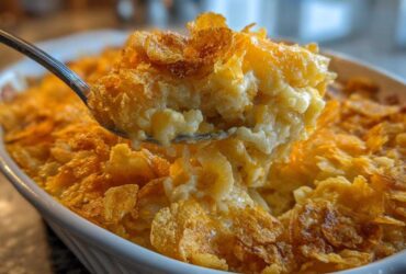 A spoonful of creamy funeral potatoes recipe lifted from a white casserole dish, showing a golden cornflake topping.