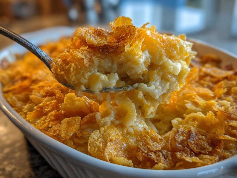 A spoonful of creamy funeral potatoes recipe lifted from a white casserole dish, showing a golden cornflake topping.