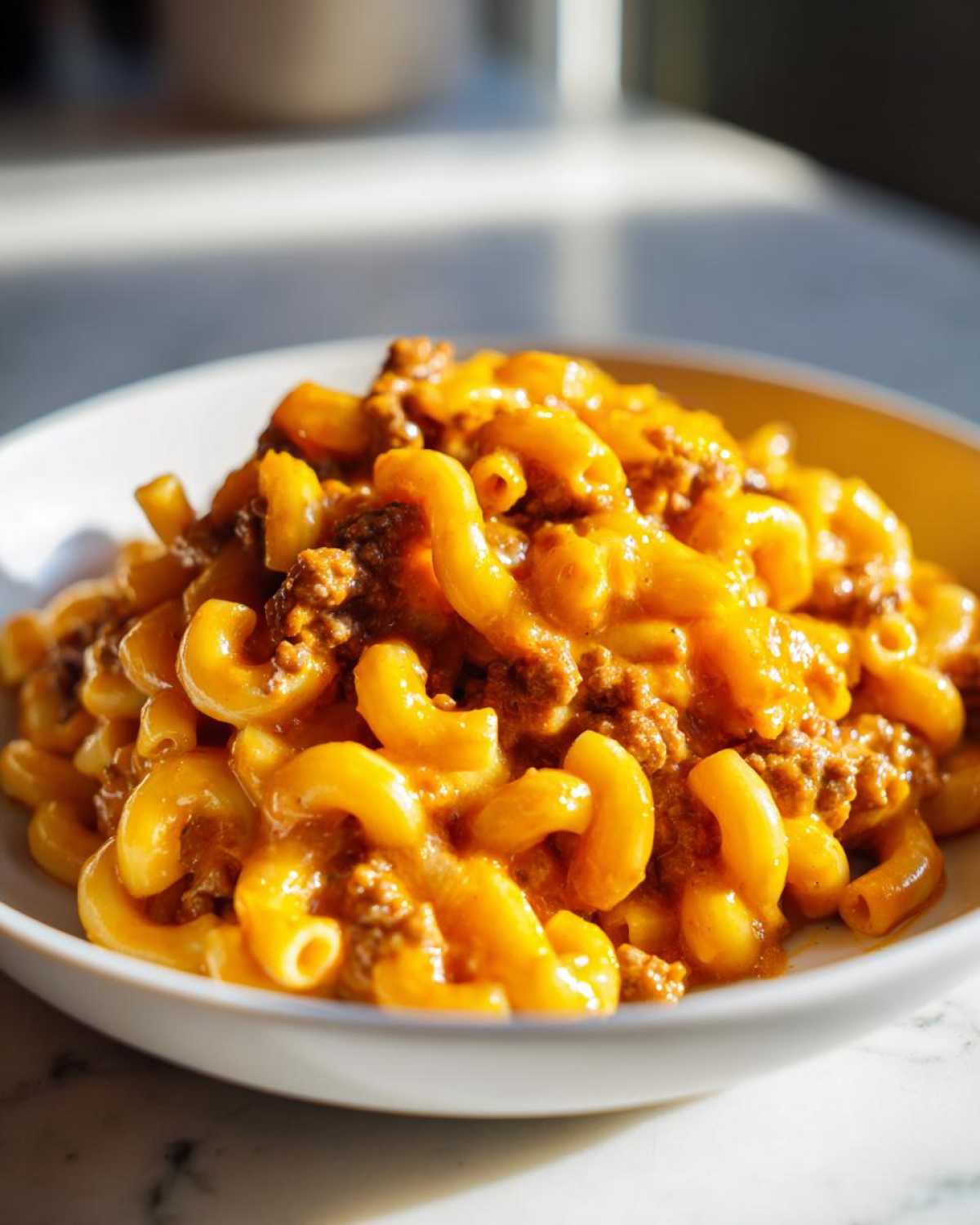 Close-up of creamy, cheesy homemade hamburger helper with elbow macaroni and ground beef in a white bowl.