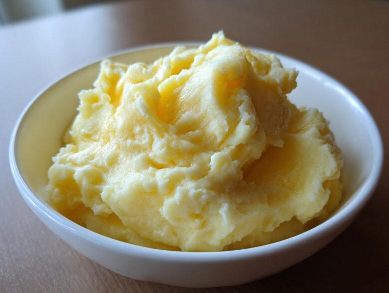A close-up of a white bowl filled with rich, creamy, and fluffy mashed potatoes with melted butter visible on top.