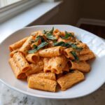 A white bowl filled with rigatoni pasta coated in creamy pink sauce pasta, garnished with fresh basil leaves.