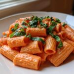 A close-up of rigatoni pasta coated in creamy pink sauce pasta, garnished with fresh basil leaves.