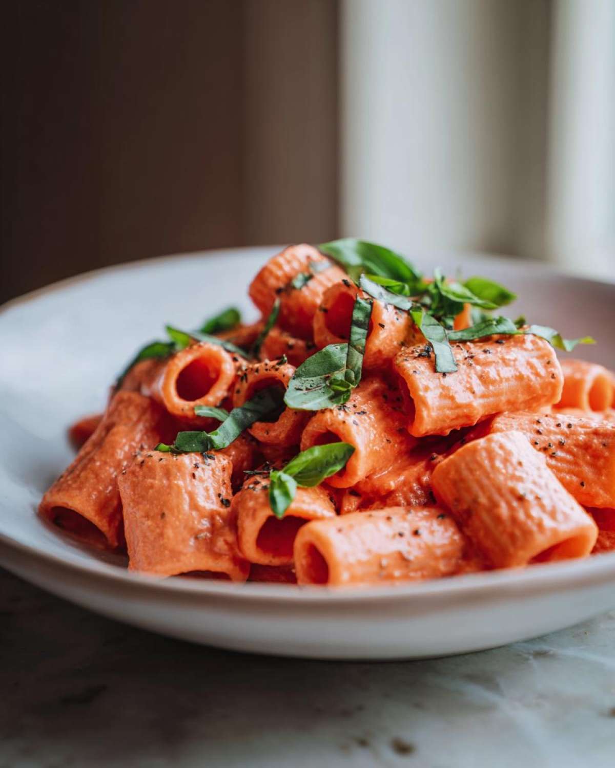 A close-up of rigatoni pasta coated in creamy pink sauce pasta, garnished with fresh basil leaves.