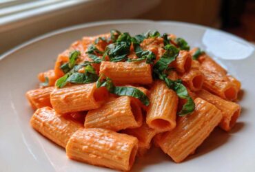 A close-up of rigatoni pasta coated in creamy pink sauce pasta, garnished with fresh basil leaves.